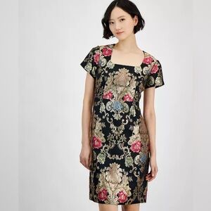 BNWT TAHARI Petite Short-Sleeve Embellished Brocade Dress Black 10P current***